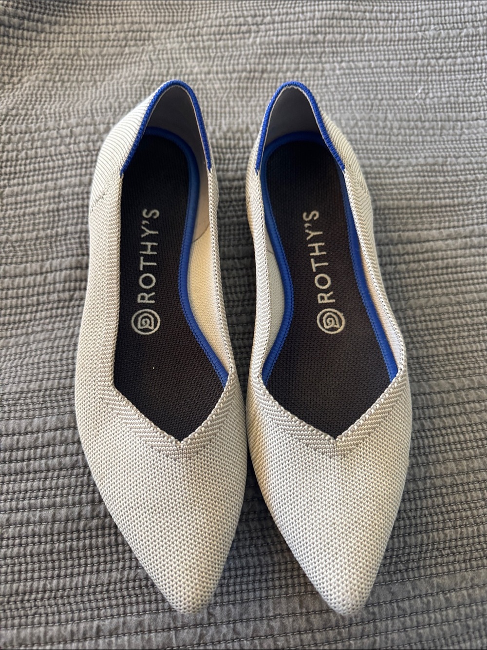 Rothy's Pointed Knit Flats in Light Gray with Blue Trim